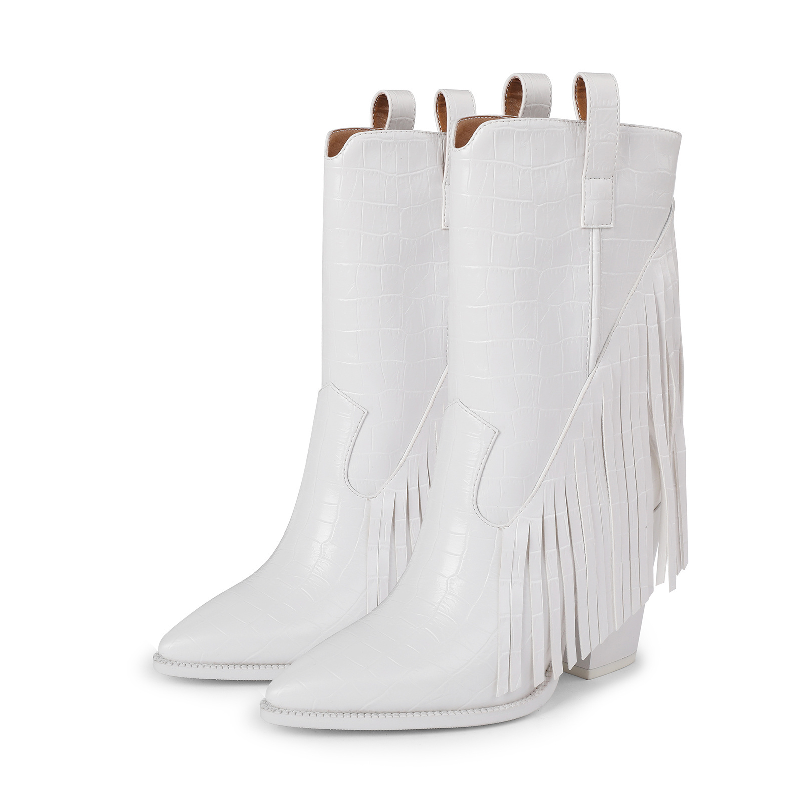 WETKISS Factory OEM Stacked Heels White Crocodile Western Cowboy Cowgirl Boots Mid Calf Boots Fringe Boots with Tassel