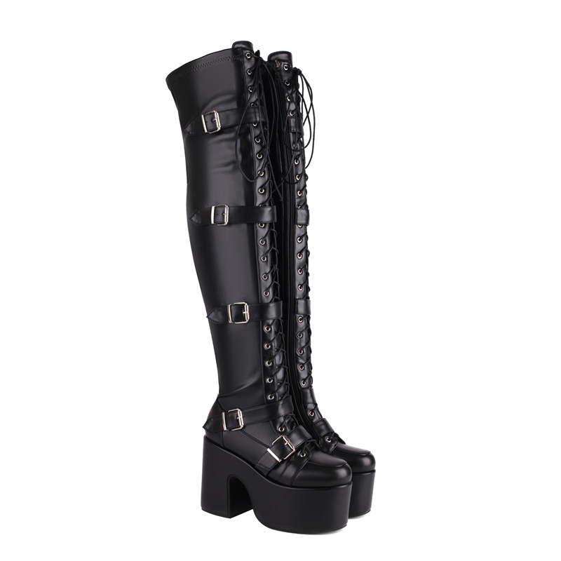 WETKISS Plus Size 46 Women Punk Shoes Buckle Strap Thick Platform Boots Lace Up Thigh High Boots Pink Black Goth Boots for Party