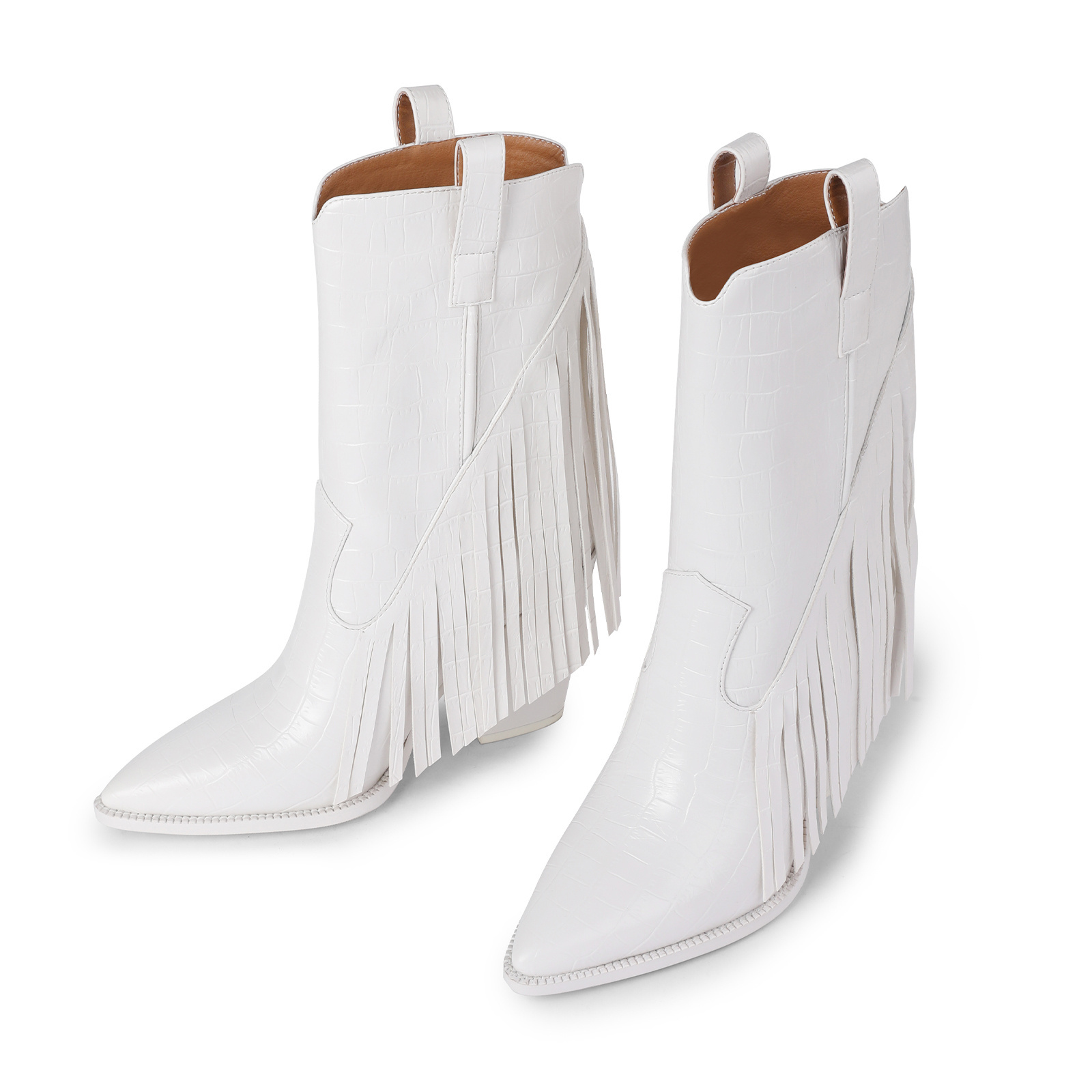 WETKISS Factory OEM Stacked Heels White Crocodile Western Cowboy Cowgirl Boots Mid Calf Boots Fringe Boots with Tassel