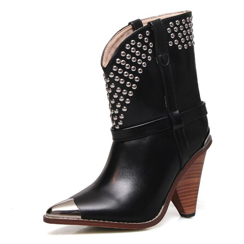 WETKISS Drop Shipping OEM Large Size Ladies Shoes Steel Toe High Cone Heel Boots Ankle Booties Western Cowboy Boots with Studded