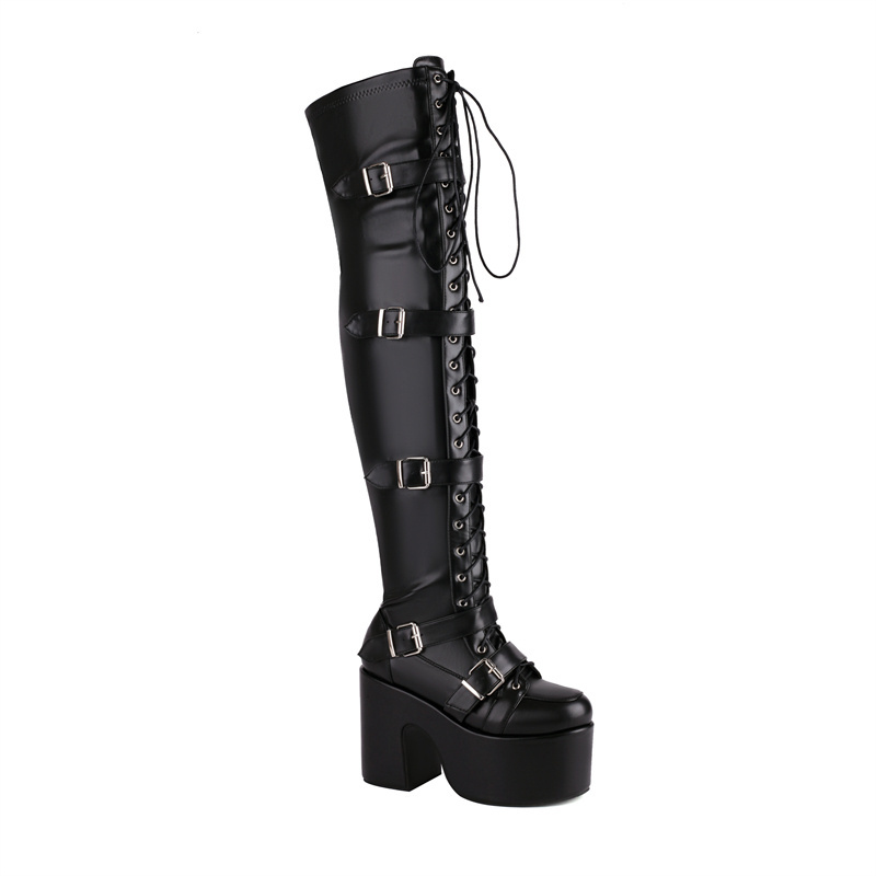 WETKISS Plus Size 46 Women Punk Shoes Buckle Strap Thick Platform Boots Lace Up Thigh High Boots Pink Black Goth Boots for Party