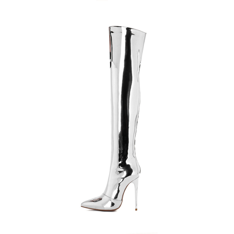 WETKISS Silver PU Patent Leather Ladies Stiletto Boots Very Long Thigh Boots Mature Sexy Women Latex Thigh High Boots Fetish