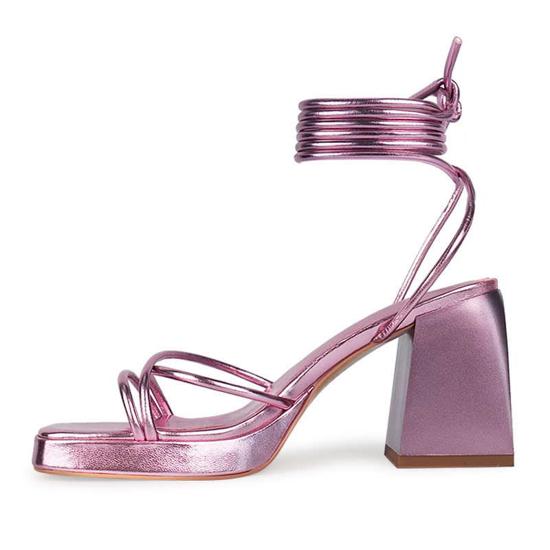 WETKISS OEM Party Shoes Squate Toe Metallic Pink Strappy Sandals Lace Up Block Heel Sandals with Platform