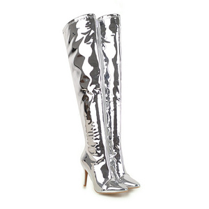 WETKISS Big Size PU Patent Leather Boots Fashion Silver Stiletto High Heels Ladies Boots Sexy Fetish Thigh High Boots for Women