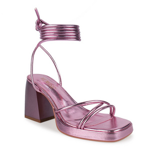 WETKISS OEM Party Shoes Squate Toe Metallic Pink Strappy Sandals Lace Up Block Heel Sandals with Platform