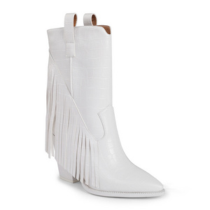 WETKISS Factory OEM Stacked Heels White Crocodile Western Cowboy Cowgirl Boots Mid Calf Boots Fringe Boots with Tassel