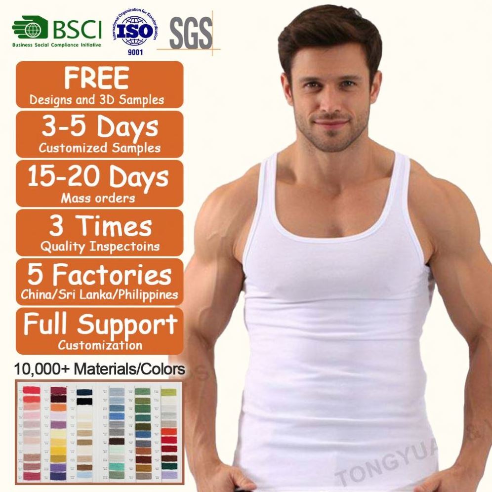 High Quality Mens Undershirts 100% Cotton White Ribbed Tank Top Mens I-Shaped Vest Plus Size