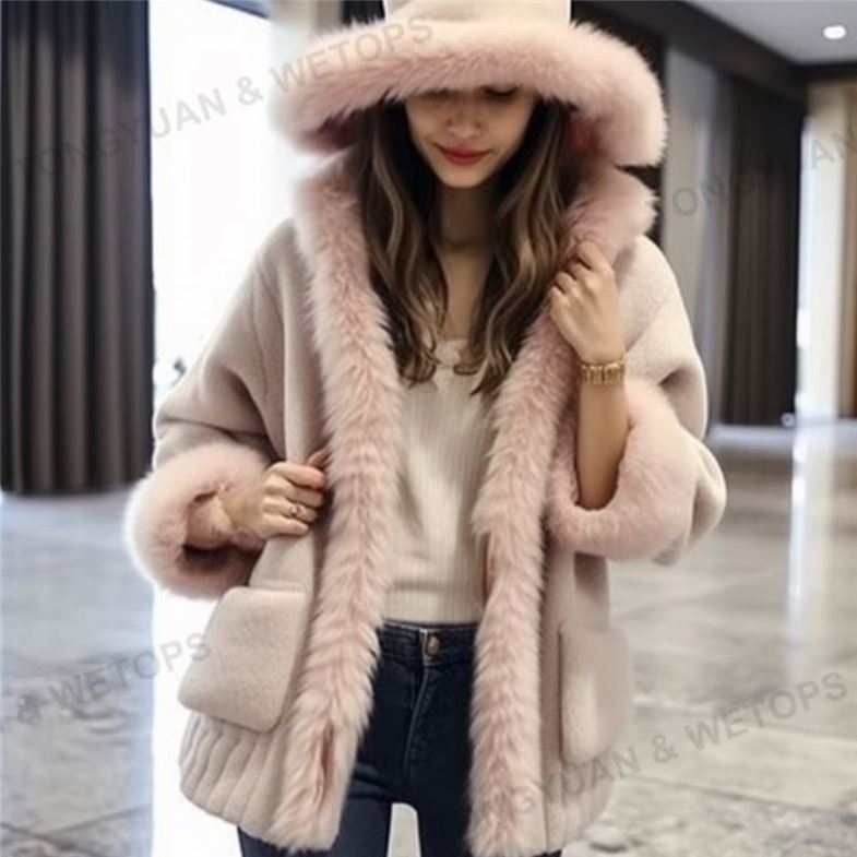 2023 New Style Winter Women Long Sleeve Fur Hood Horn Button Sweater Women Long Cardigan Sweater Coat