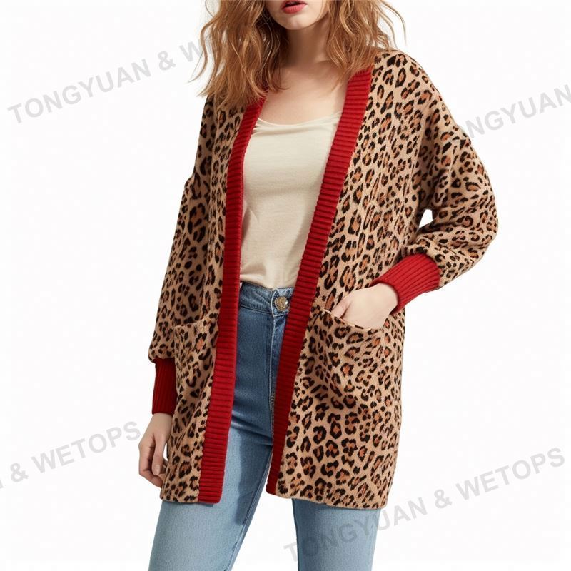 Autumn Winter Christmas Leopard Print Knitted Long Cardigan Women 2024 Casual Style Open Pocket Sweater Tops Outwear