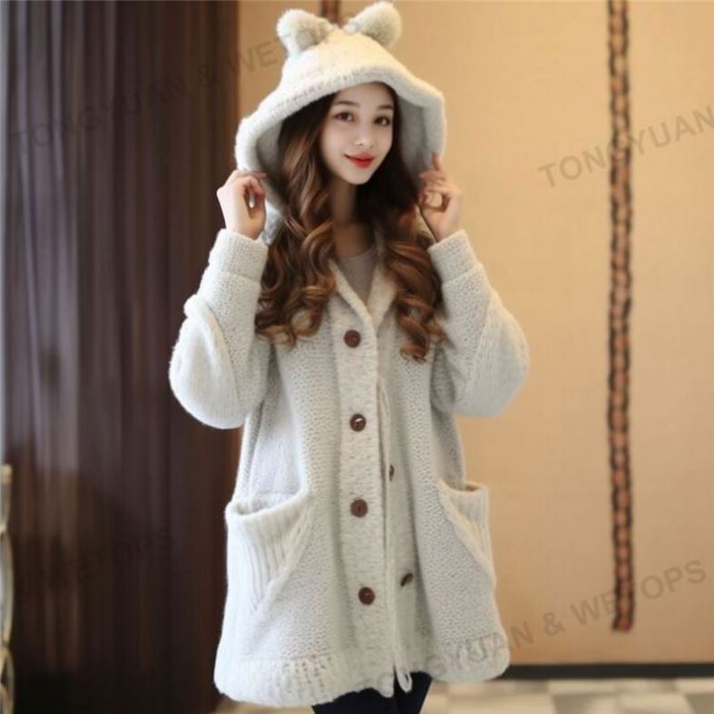 2023 New Style Winter Women Long Sleeve Fur Hood Horn Button Sweater Women Long Cardigan Sweater Coat