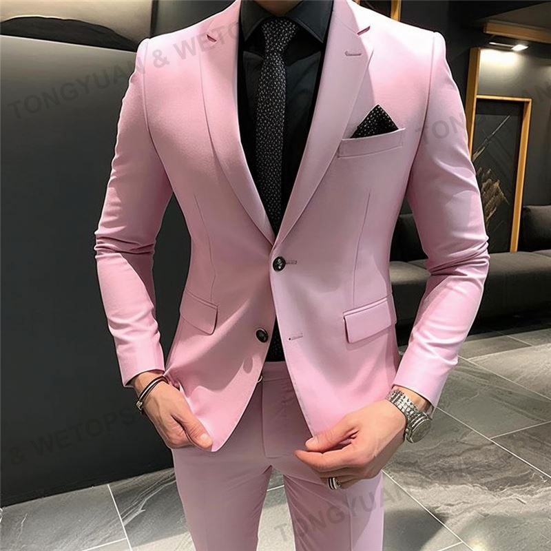 Men's 2 Pieces Set Casual Fashion Luxurious Business Men's Suit For Wedding Party Tuxedos Slim Fit Lapel Pink Suit Costume Homme