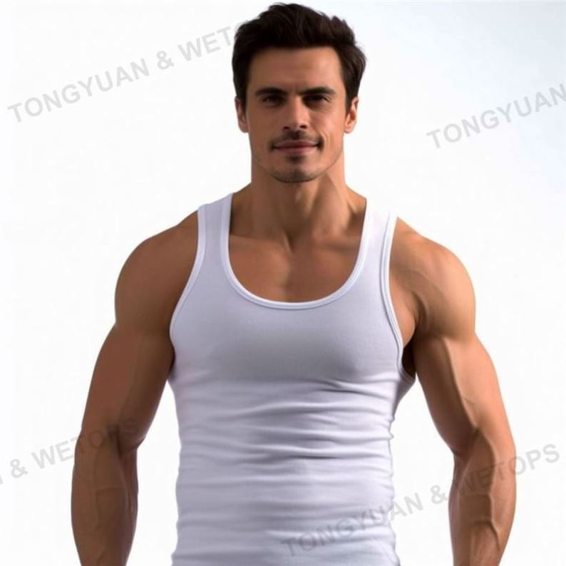 High Quality Mens Undershirts 100% Cotton White Ribbed Tank Top Mens I-Shaped Vest Plus Size