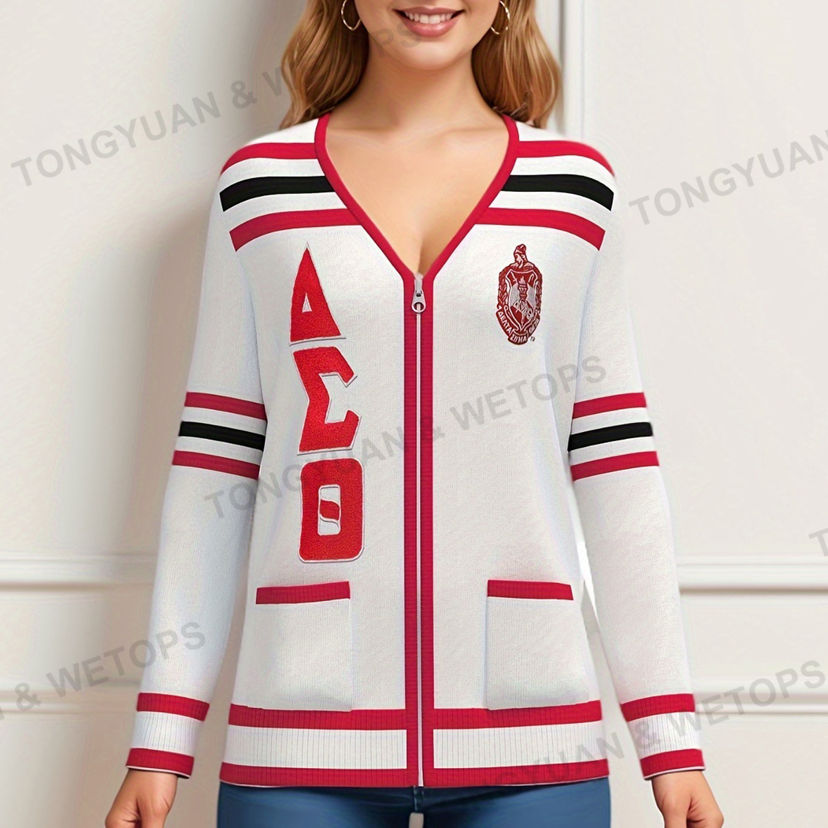 BSCI Custom Clothes Manufacturer Deltas DST 1913 Sigma Theta Red And White Greek Letters Chenille Patch Sorority Sweater