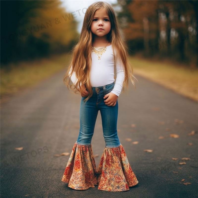 Boutique Little Girls Denim Stretchy Bell Bottoms Children's Clothing Girls Adjustable Waistband Jeans Baby Kids Flares Pants