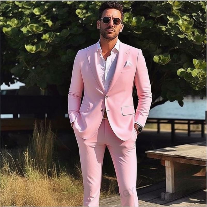 Men's 2 Pieces Set Casual Fashion Luxurious Business Men's Suit For Wedding Party Tuxedos Slim Fit Lapel Pink Suit Costume Homme