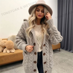 2023 New Style Winter Women Long Sleeve Fur Hood Horn Button Sweater Women Long Cardigan Sweater Coat