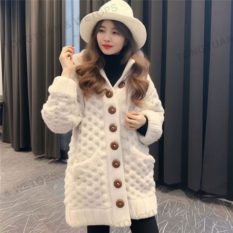 2023 New Style Winter Women Long Sleeve Fur Hood Horn Button Sweater Women Long Cardigan Sweater Coat