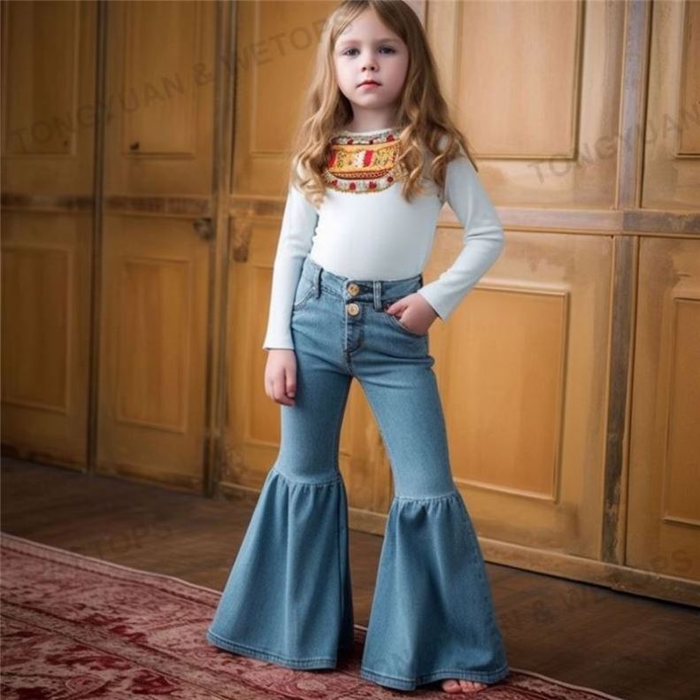 Boutique Little Girls Denim Stretchy Bell Bottoms Children's Clothing Girls Adjustable Waistband Jeans Baby Kids Flares Pants