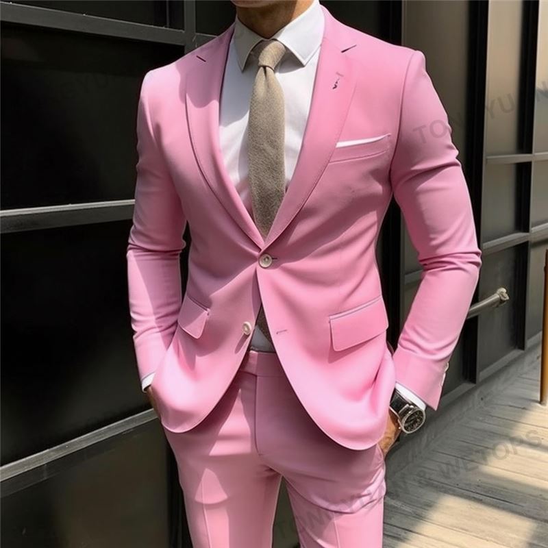 Men's 2 Pieces Set Casual Fashion Luxurious Business Men's Suit For Wedding Party Tuxedos Slim Fit Lapel Pink Suit Costume Homme