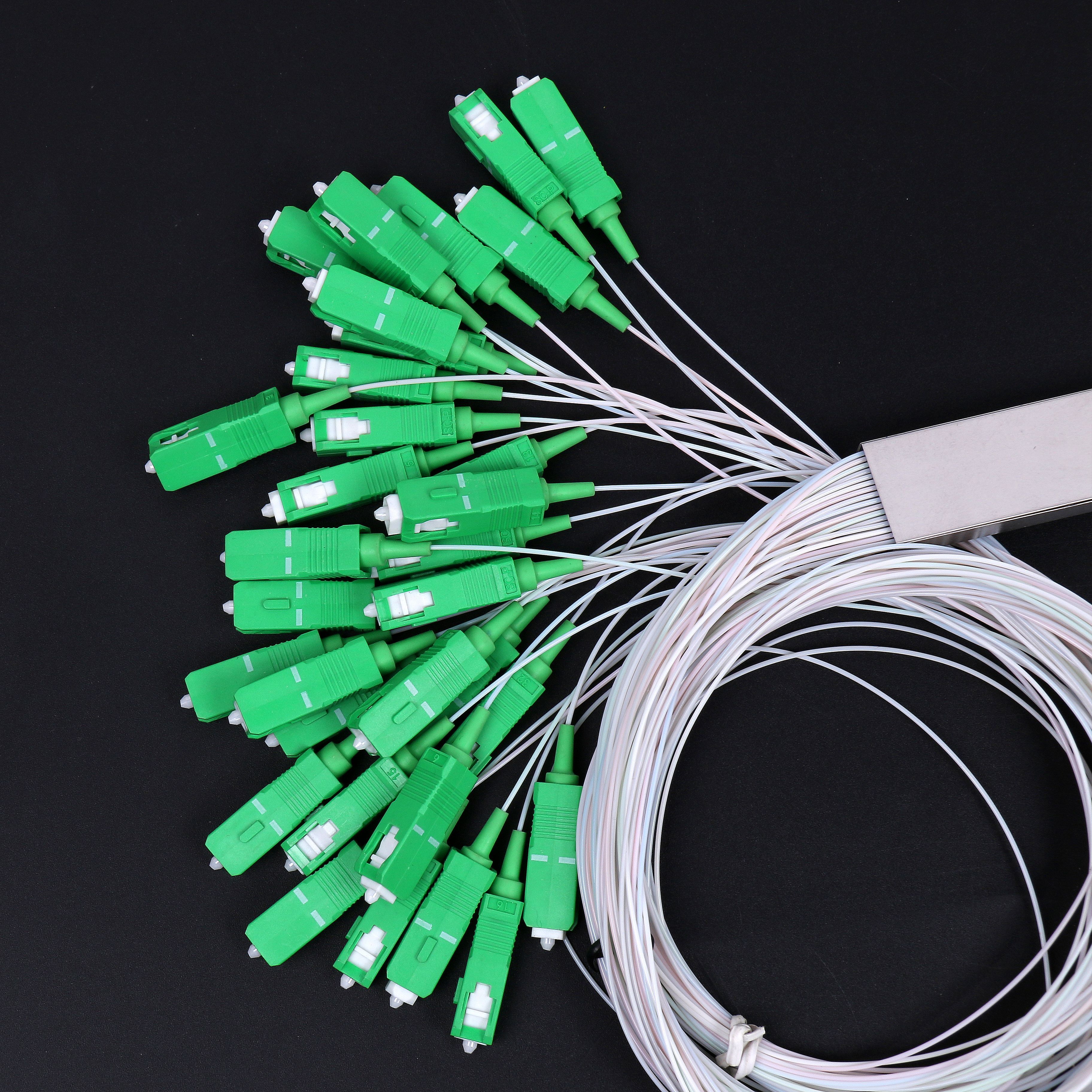 Mini PLC splitter 1x2 1x4 1x8 1x16 1x32 LC/APC white cable steel tube pigtail fiber optic