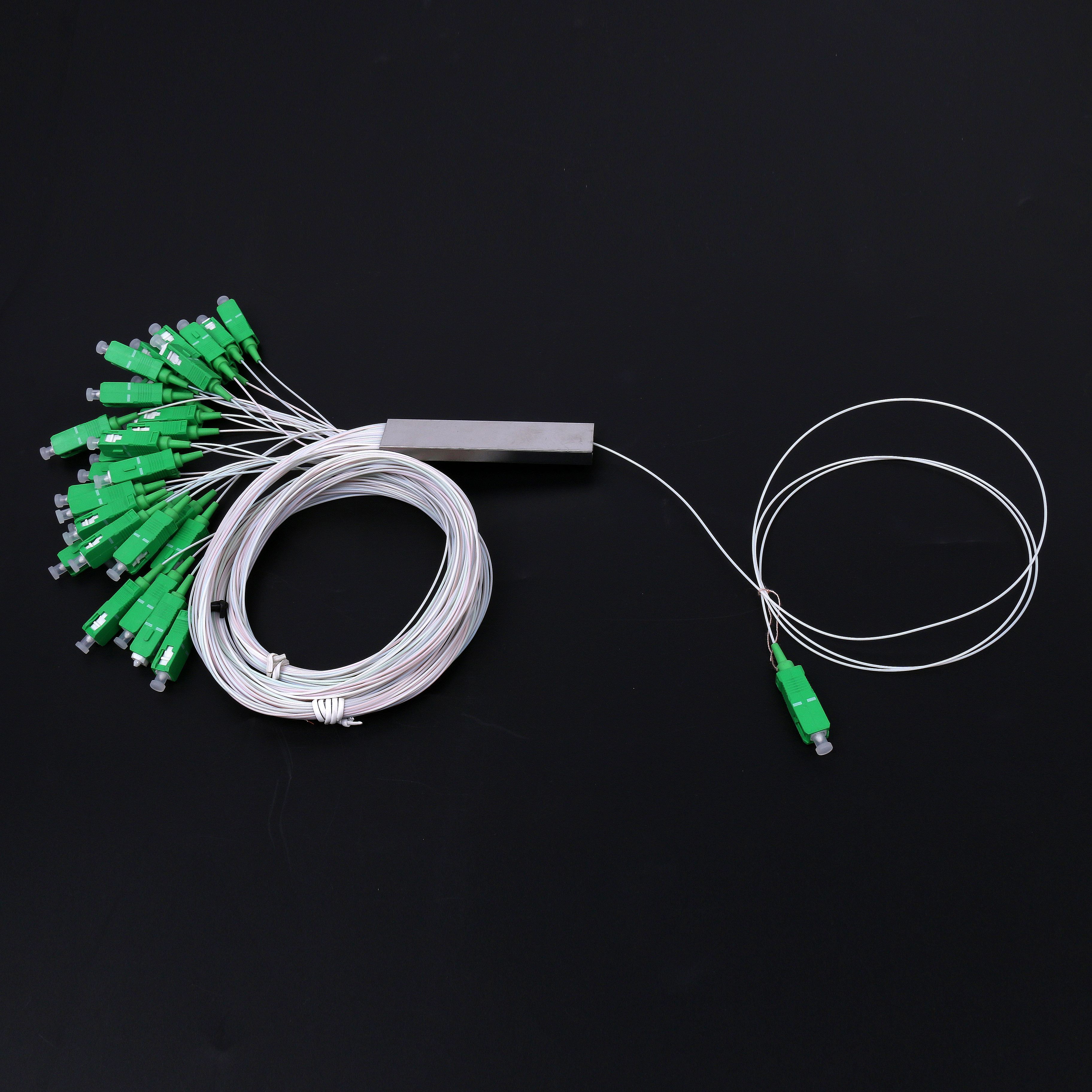 Mini PLC splitter 1x2 1x4 1x8 1x16 1x32 LC/APC white cable steel tube pigtail fiber optic