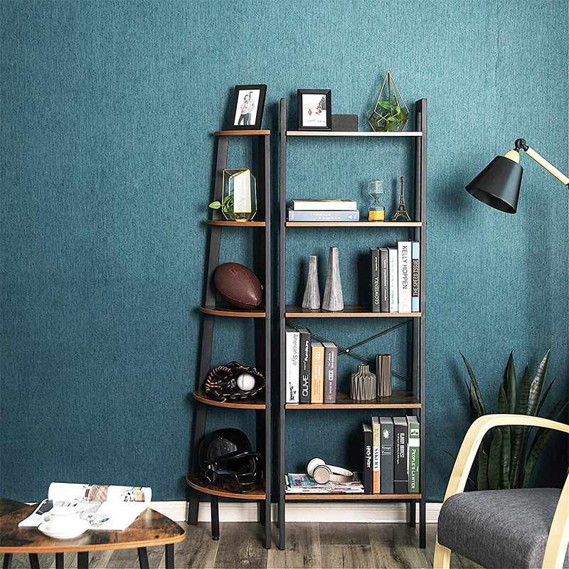 Living Room Furniture Bookcase Industrial Metal Frame Rack MDF Wooden Narrow Leaning Ladder Book Shelf Home Bookshelf