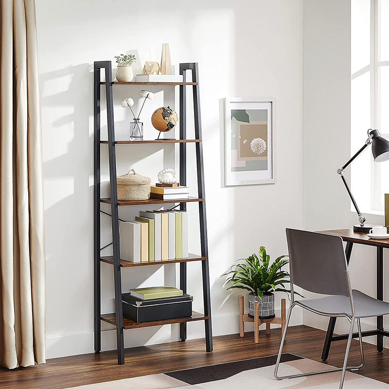 Living Room Furniture Bookcase Industrial Metal Frame Rack MDF Wooden Narrow Leaning Ladder Book Shelf Home Bookshelf