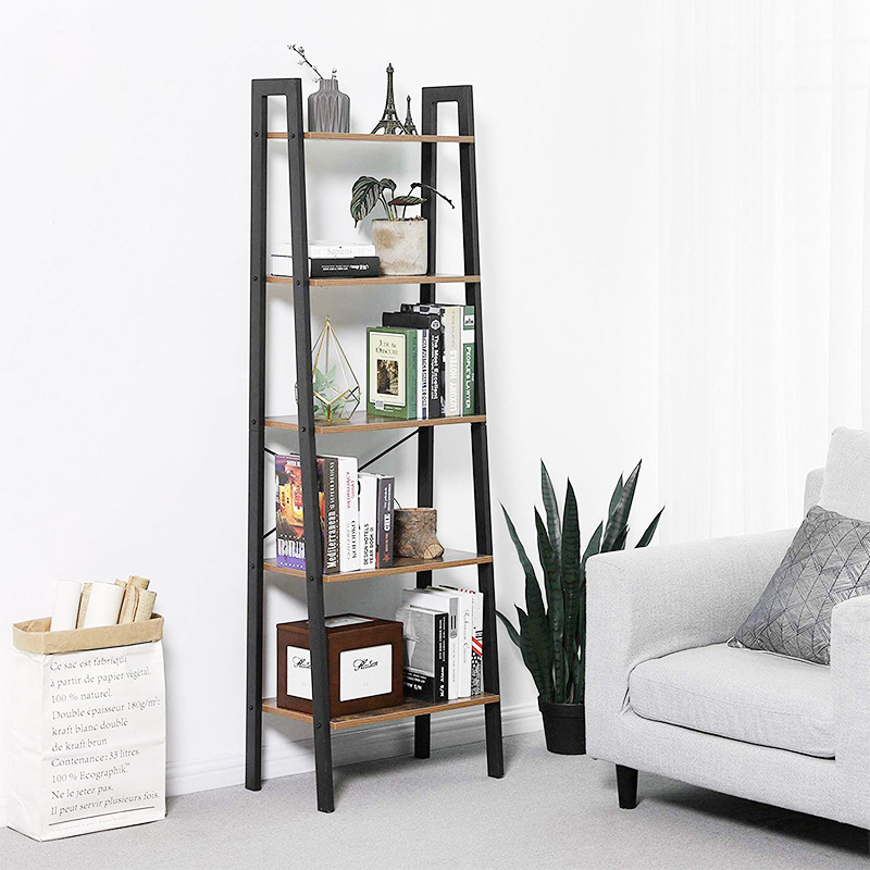 Living Room Furniture Bookcase Industrial Metal Frame Rack MDF Wooden Narrow Leaning Ladder Book Shelf Home Bookshelf