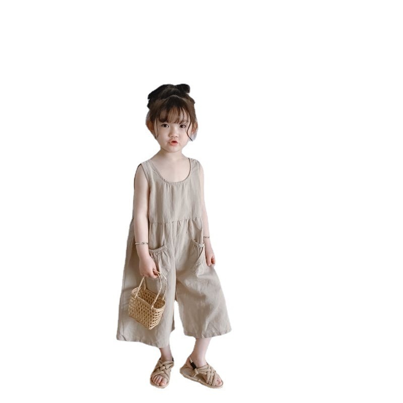 Summer 2021 Korean boys and girls baby retro air cotton linen sleeveless jumpsuit wide leg jumpsuit