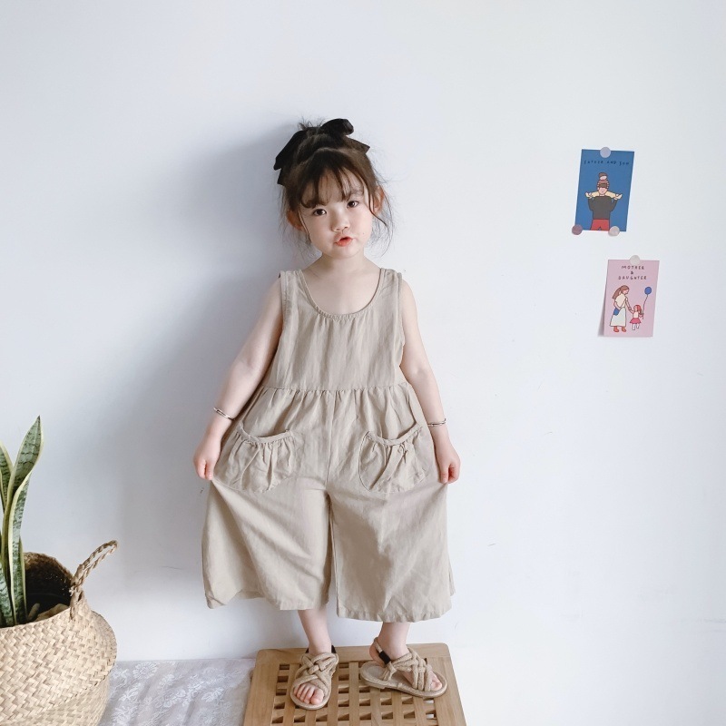 Summer 2021 Korean boys and girls baby retro air cotton linen sleeveless jumpsuit wide leg jumpsuit