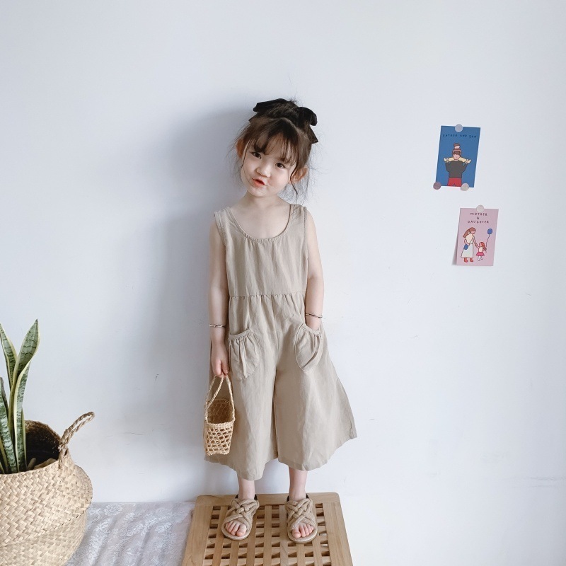 Summer 2021 Korean boys and girls baby retro air cotton linen sleeveless jumpsuit wide leg jumpsuit