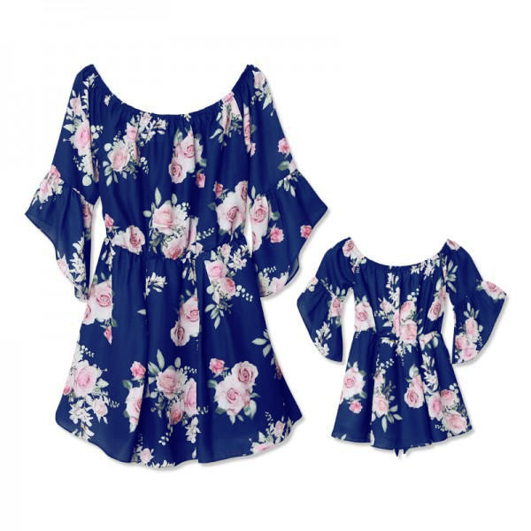 Dresses Floral Printed woven cotton Short Sleeve Beach Mom Daughter Matching summer casual short dress sexy women casual