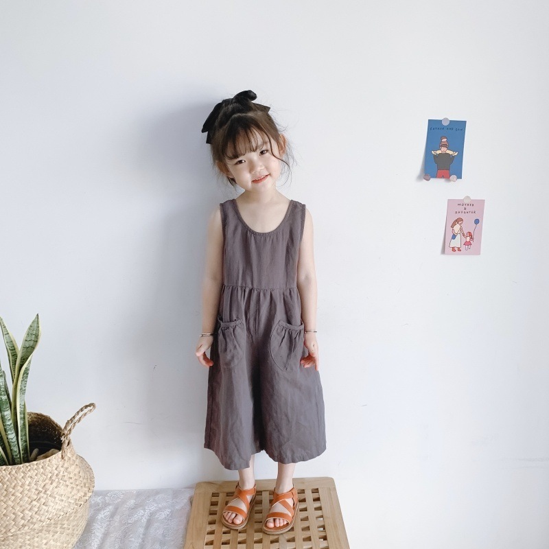 Summer 2021 Korean boys and girls baby retro air cotton linen sleeveless jumpsuit wide leg jumpsuit