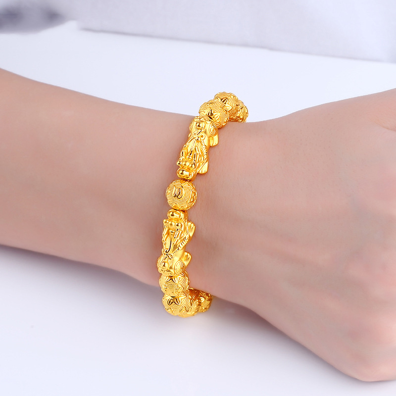 Fengshui Vietnam  Pixiu Bracelets Natural Stone Golden Color Bead Carved Inscription Charm Lucky Wealth Bracelet Jewelry