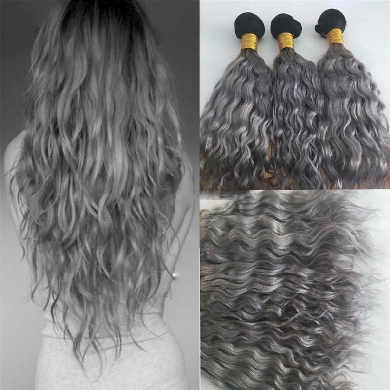 Unprocessed top quality 1b grey two tone ombre color human extensions indian silver water wave human hair weaves