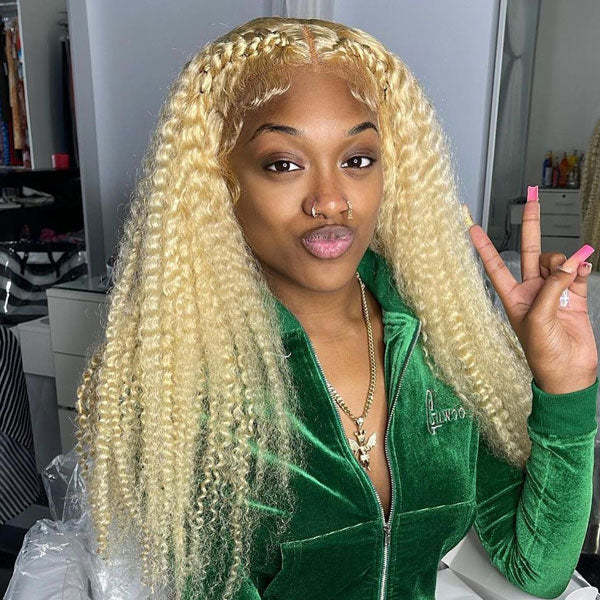 Wholesale Afro kinky curly 613 platinum blonde 100% cuticle aligned Brazilian virgin human hair bundles with closure in stock