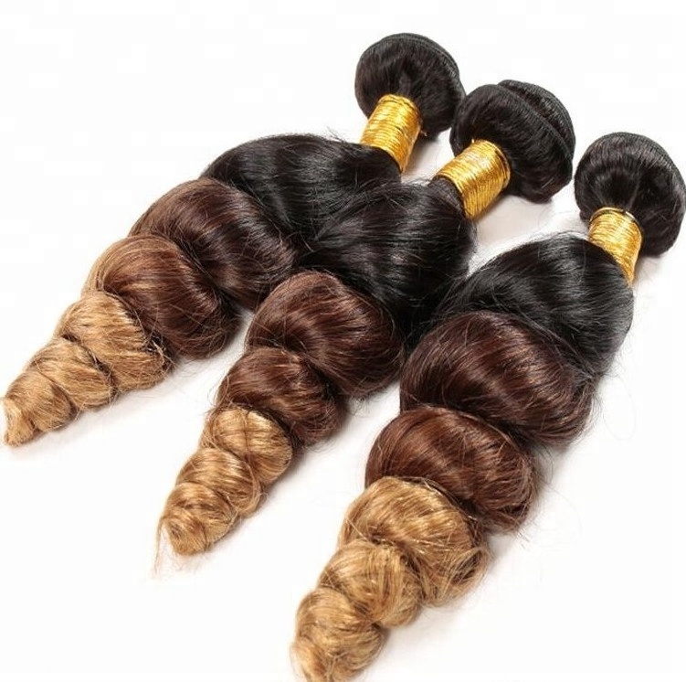 Wholesale 10a grade indian raw virgin remy human hair 1b 4 27  weave loose wave three tone ombre hair bundles