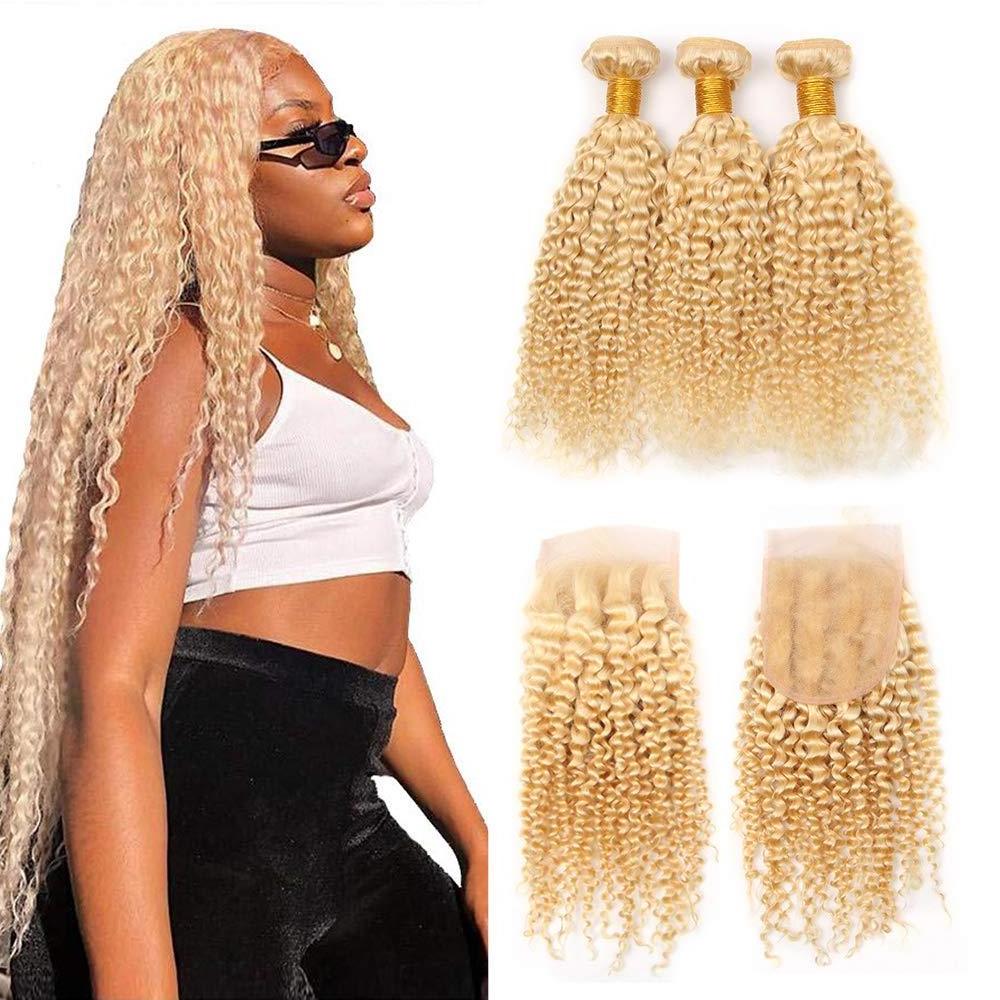 Wholesale Afro kinky curly 613 platinum blonde 100% cuticle aligned Brazilian virgin human hair bundles with closure in stock