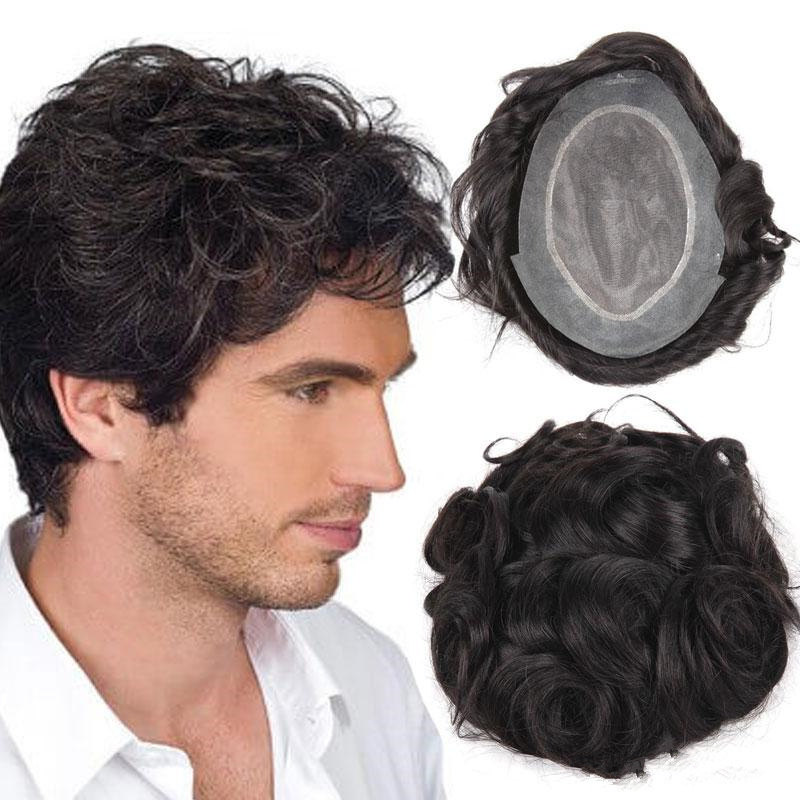 Cheapest indian remy hairpieces manufactures natural black curly wave thin skin permanent mono + pu hair replacement men toupee