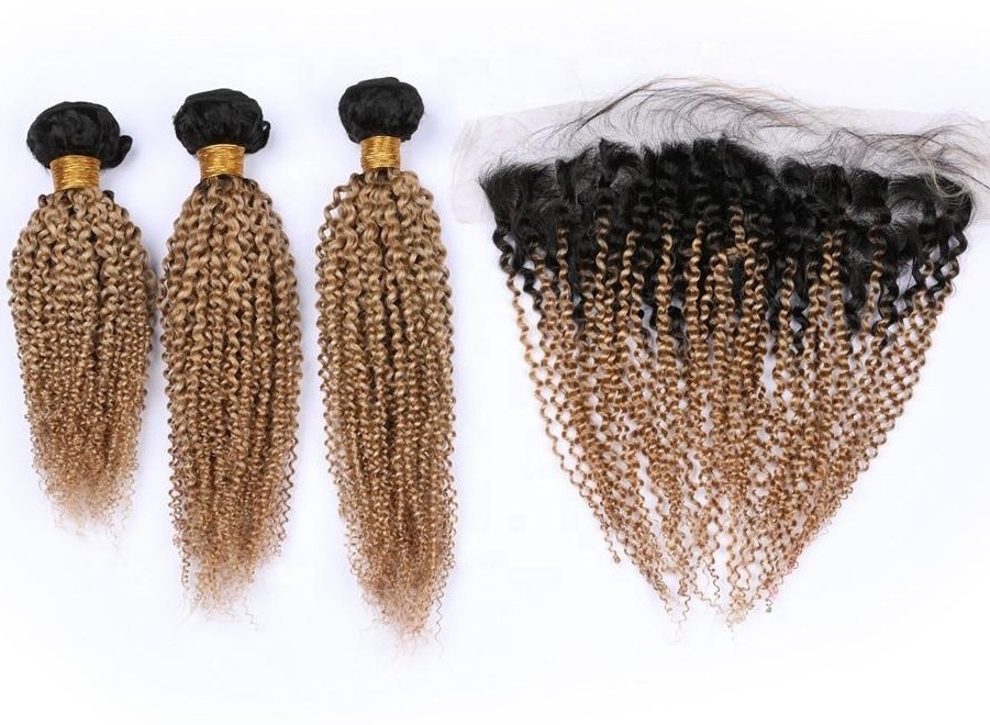 Wholesale Afro kinky curly hair extension 18 inch human peruvian indian hair weave 1b 27 honey blonde ombre bundles with frontal