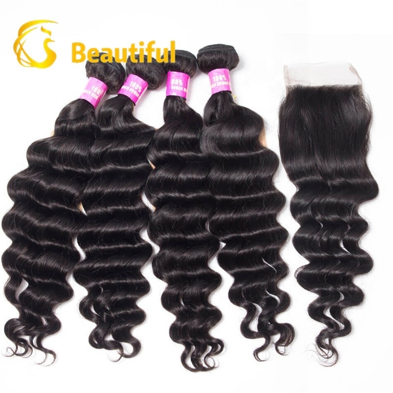 100 % unprocessed brazilian eurasian remy loose deep wave human hair bundles with frontal in pack indian natural black weaving