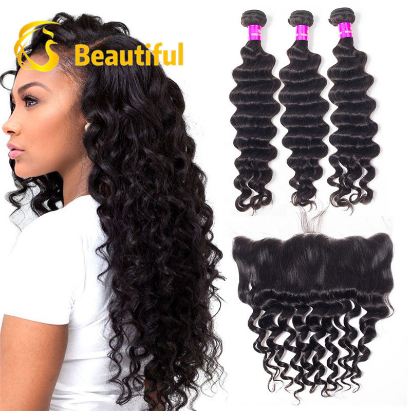 100 % unprocessed brazilian eurasian remy loose deep wave human hair bundles with frontal in pack indian natural black weaving