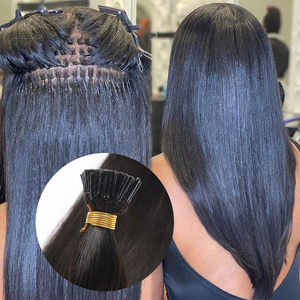 Wholesale Brazilian cuticle aligned Keratin nature black 100% Remy Virgin Human Double Drawn females I Tip Hair Extensions