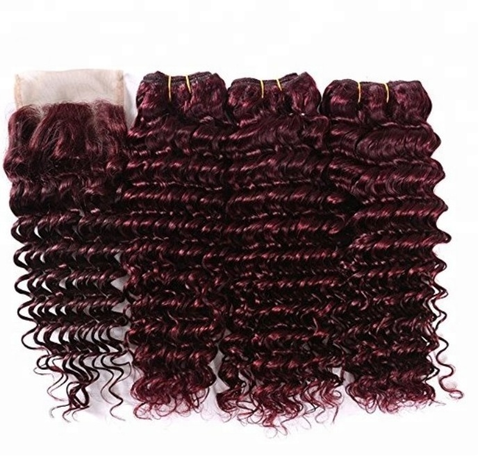 Wholesale 9a 36 inch burgundy deep wave extension unprocessed brazilian virgin human hair 99j wine red bundles with lace closure