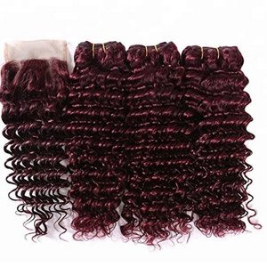 Wholesale 9a 36 inch burgundy deep wave extension unprocessed brazilian virgin human hair 99j wine red bundles with lace closure