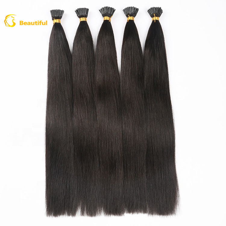 Wholesale Brazilian cuticle aligned Keratin nature black 100% Remy Virgin Human Double Drawn females I Tip Hair Extensions