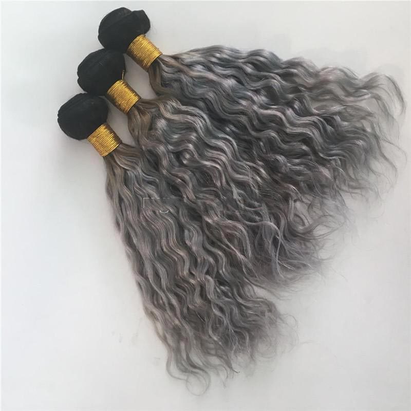 Unprocessed top quality 1b grey two tone ombre color human extensions indian silver water wave human hair weaves