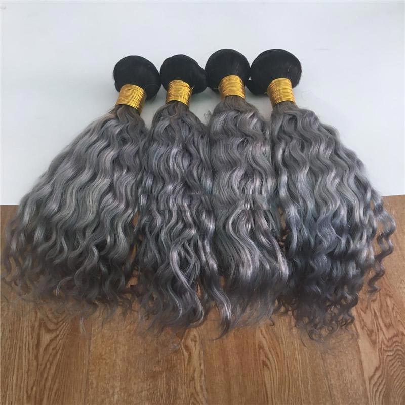 Unprocessed top quality 1b grey two tone ombre color human extensions indian silver water wave human hair weaves