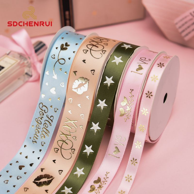 Wholesale gold foil custom printed logo satin polyester silk ribbon for gift wrapping/packing and decoration