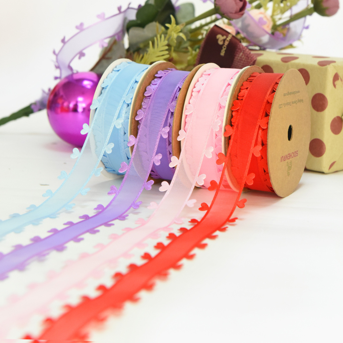 OEM For Decoration Garment Accessory Christmas gift Polyester Material Organza Voile Ribbon Chiffon Lace Voile Ribbon